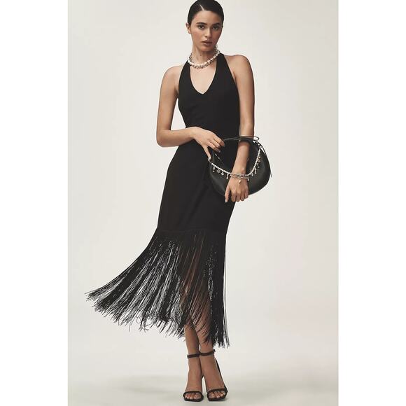 NWT Anthropologie Hutch Plunge Halter Fringe Knit Midi Dress $248 XS Black